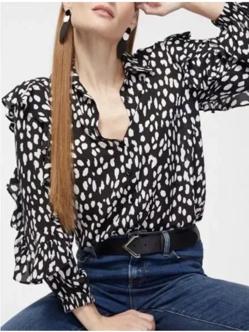 Chico’s Black White Ruffle Spotty Dot Button Front Blouse Top Size 14 Romantic